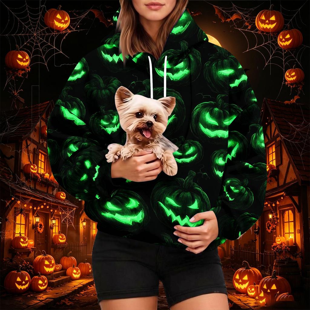 Women's Fashion Halloween Print Hoodie with Pet Pocket, Casual Pullover Sweatshirt for Fall