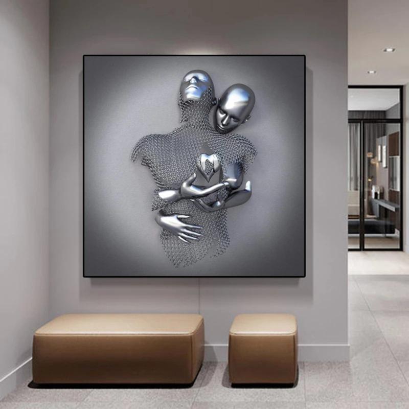 3d Wall Art Canvas  Painting Abstract Metal Figure Statue Embracing Art Poster Modern Style Office