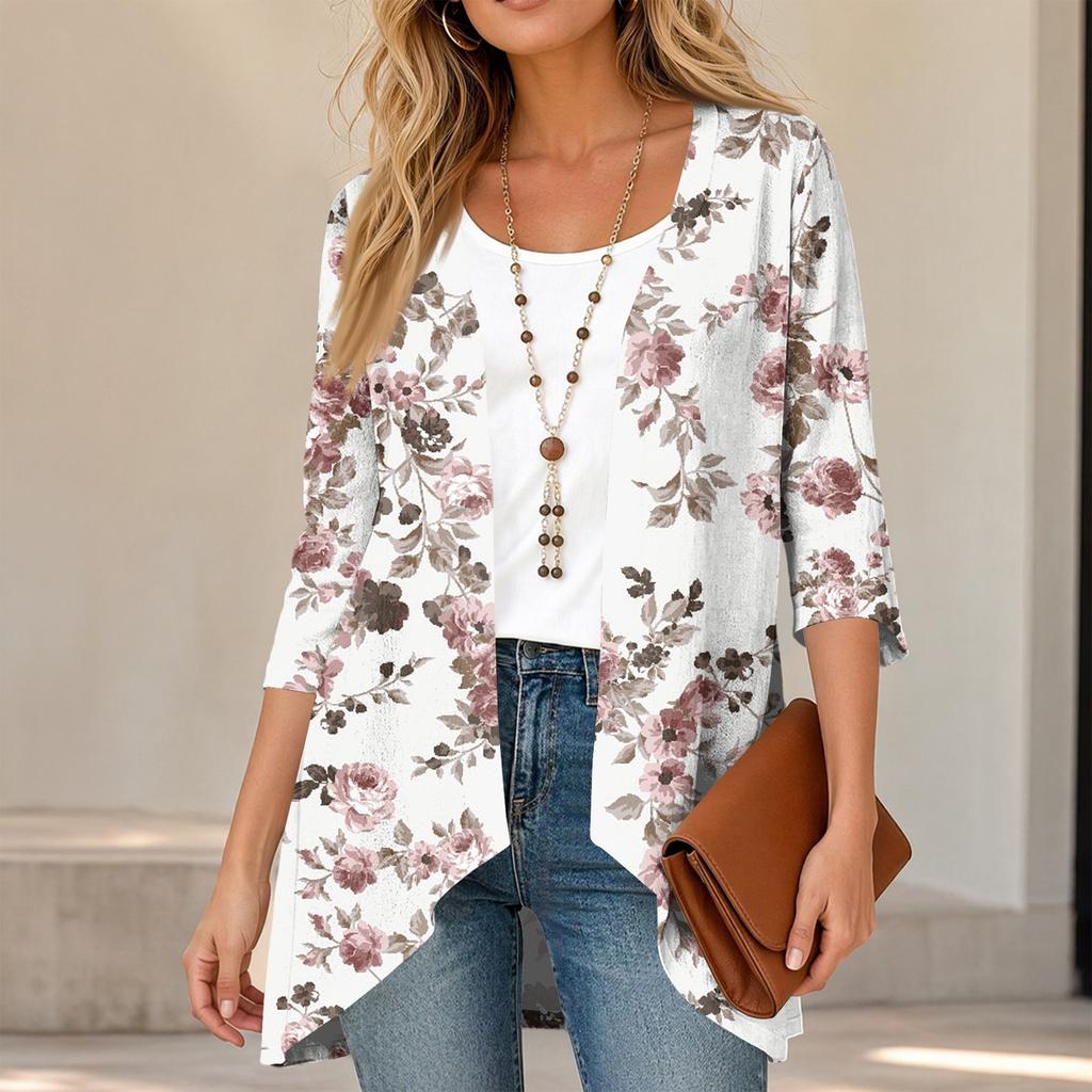 Women's Vintage Floral Print Three-Quarter Sleeve Cardigan Casual Loose Fit Lightweight for Spring Summer