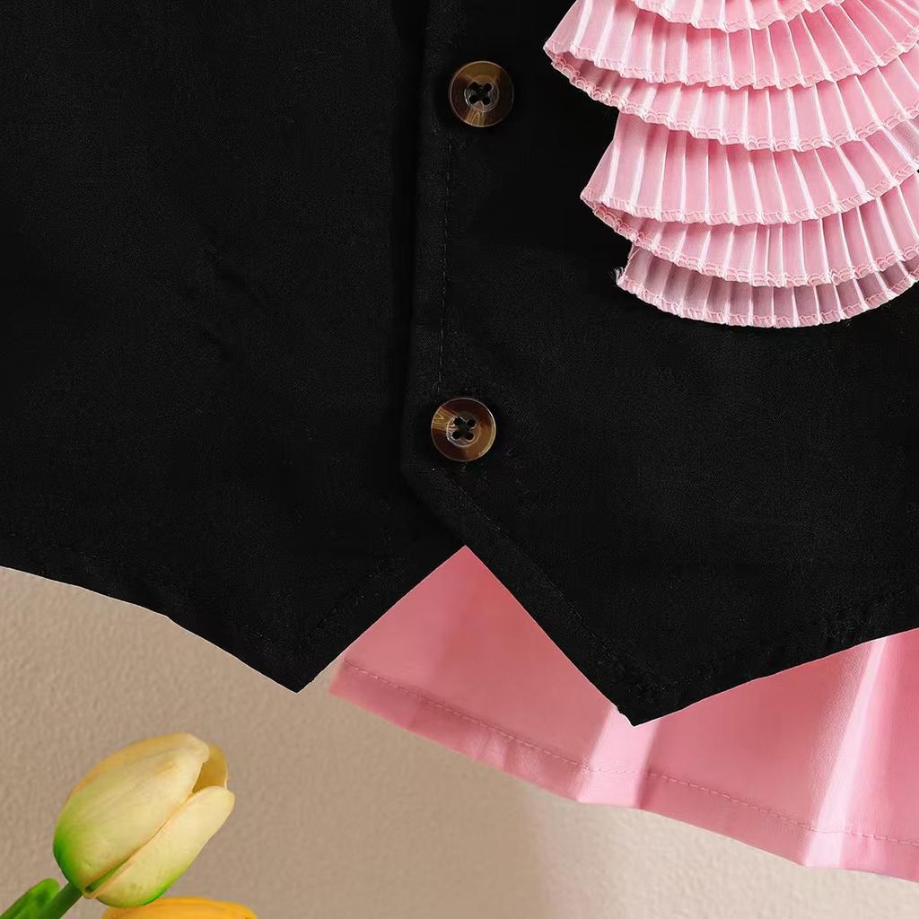 4-8Y Children's Clothing Girls Summer Set Floral Sleeveless Top + Pink Pleated Skirt Cute Skirt Set