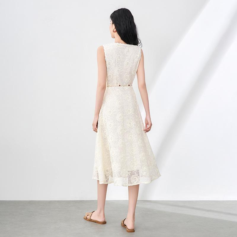 Nanyou Elegant Handmade Shell V-neck Embroidered Sleeveless Dress - Summer Vacation Style