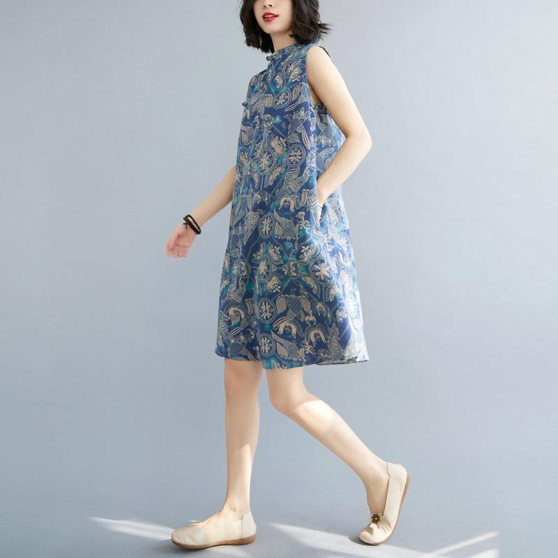 Retro Modified Disc Button Cheongsam Skirt Loose Slimming Sleeveless Printed Dress