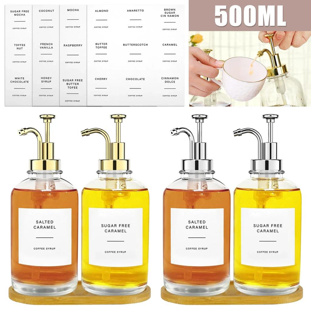 Coffee Syrup Dispenser Set 500ml Glass Syrup Bottle with Funnel Label Stickers Clear Coffee Syrup Container Pump Dispensers