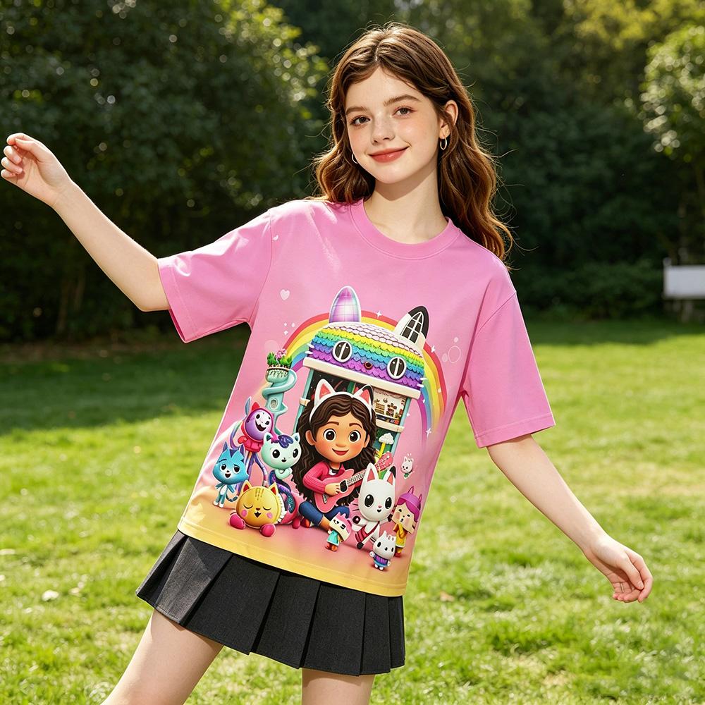 Gabby Dollhouse Children's T-shirt Barbie Pink 3D Cartoon Print Tee Cute Boys Girls Short Sleeve Kids Casual Top Summer Clothing