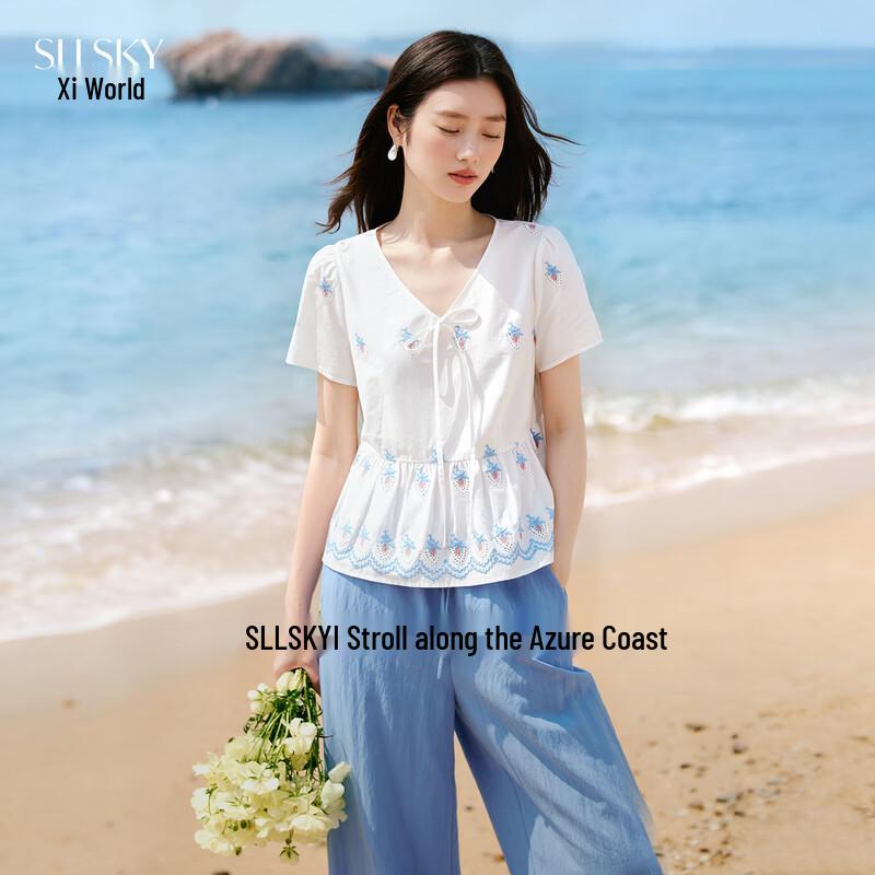 Sllsky Women s Embroidered V-Neck Short Sleeve Shirt 2XL