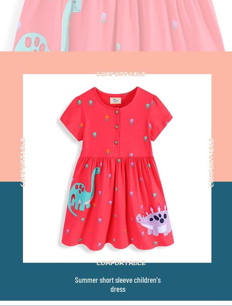 2026 Spring/Summer Girls' Cute Embroidered Short-Sleeve Knit Cotton Princess Dress