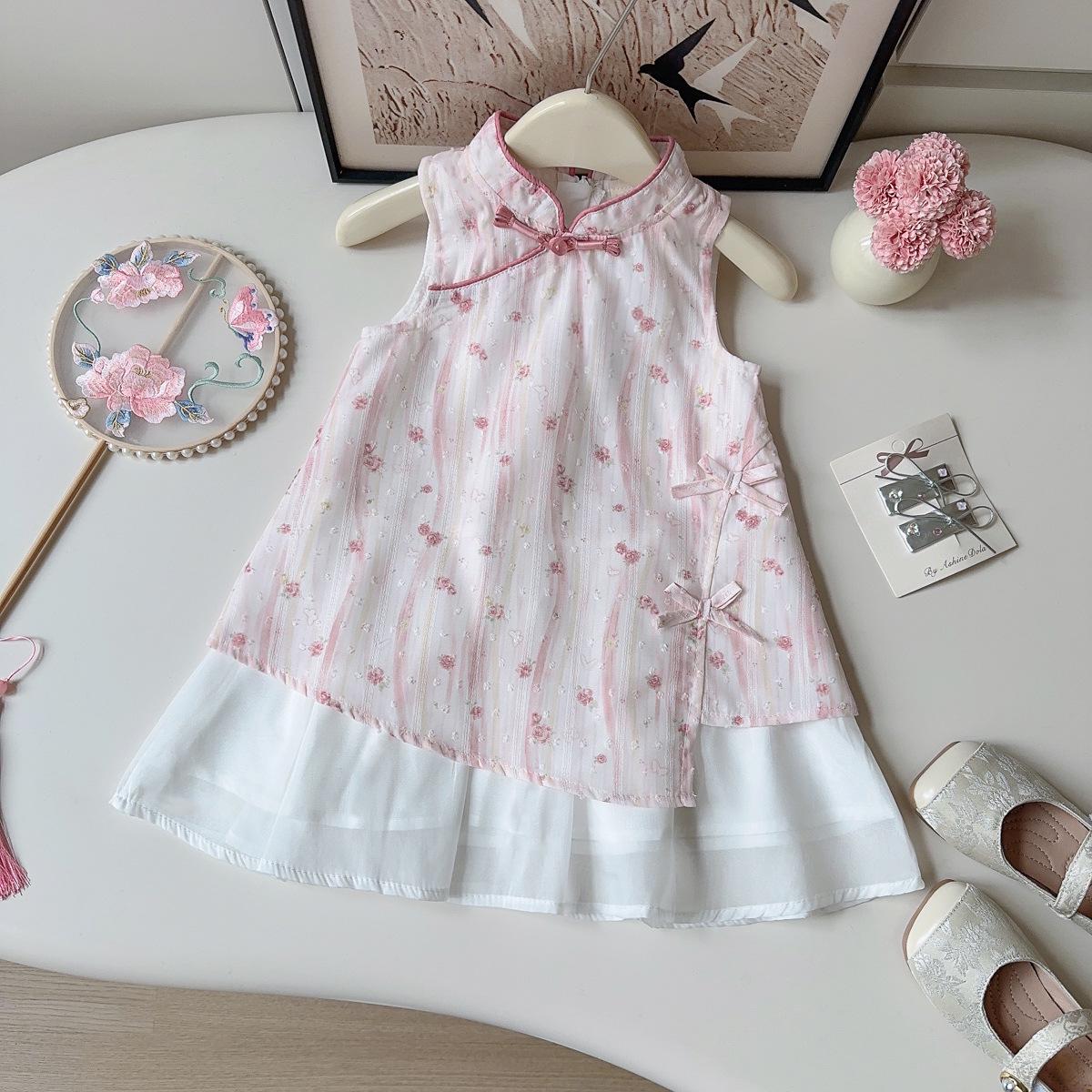 Girls Summer Floral Qipao Dress with Frog Button - Sleeveless Style AXC211 Size 130 розовый