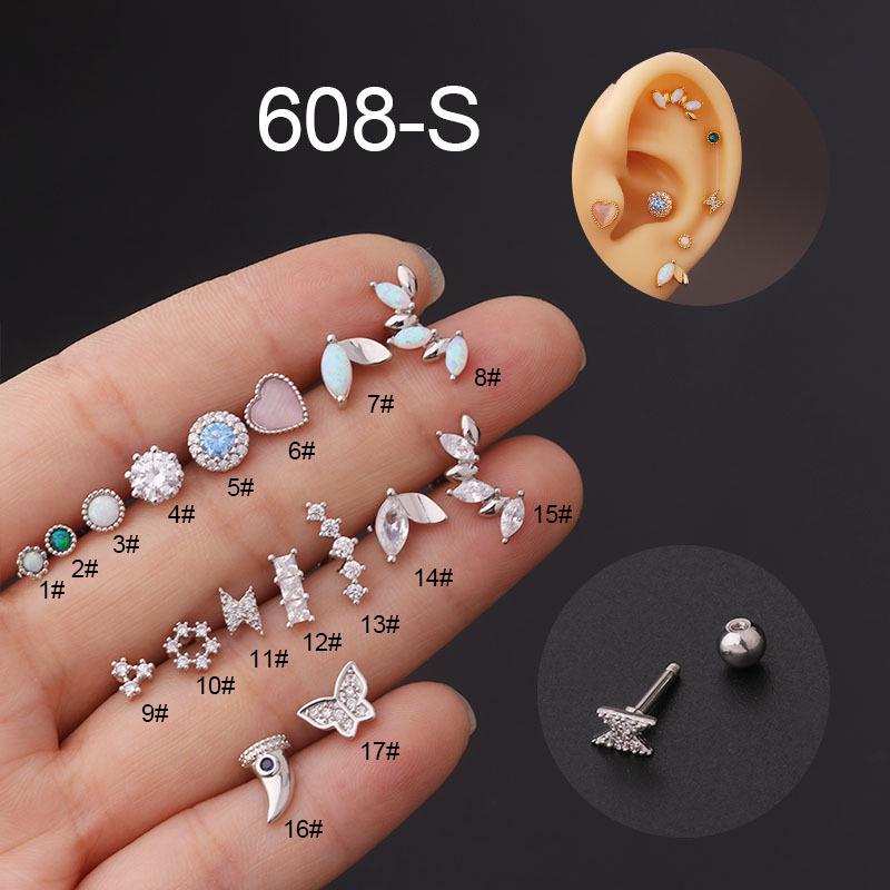 16G Titanium Steel Opal & Zircon Stud Earrings - Korean Fashion Piercing Earring