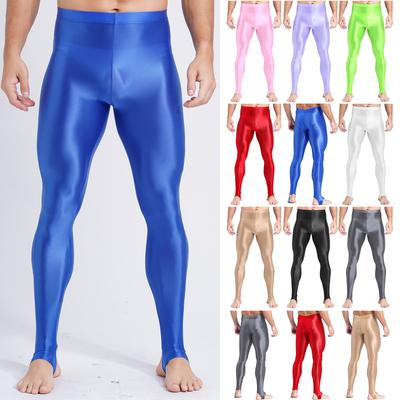 Mens Shiny High Waist Stirrup Leggings Tummy Control Workout Pants