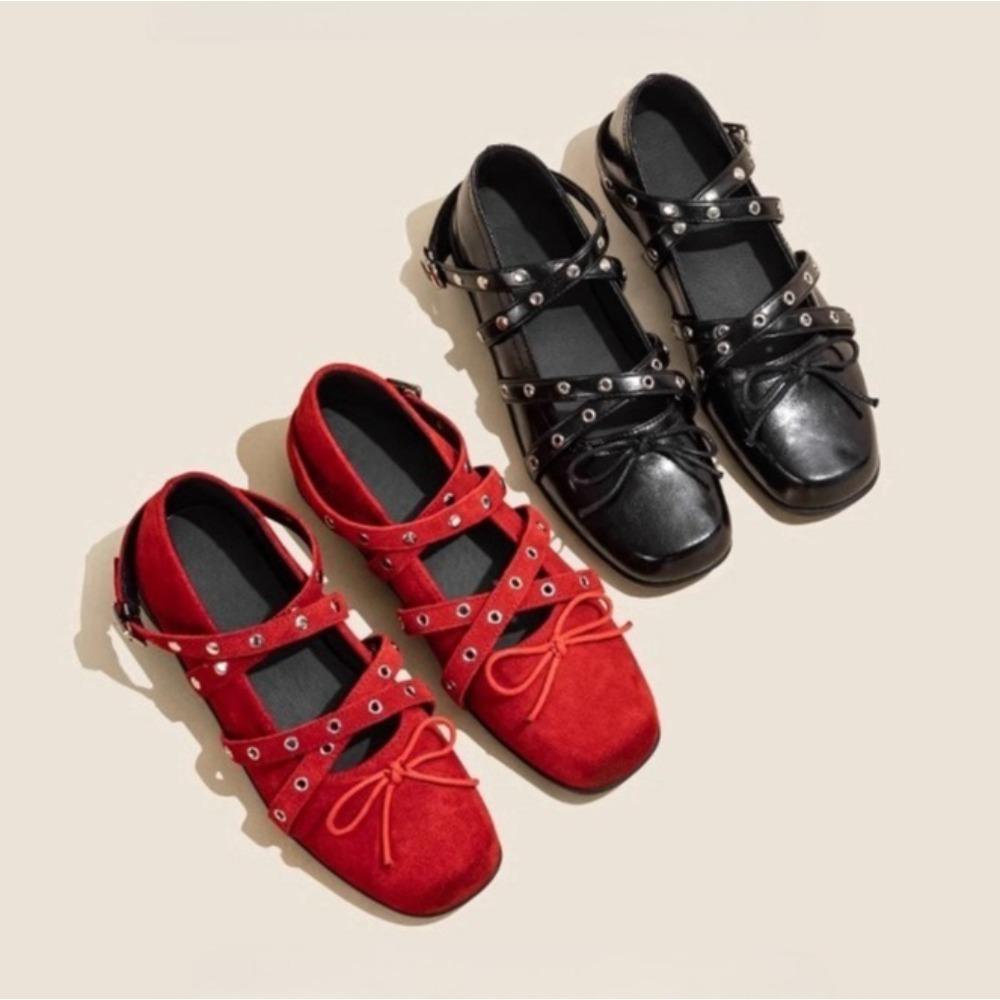 Fashion Flat Shoes for Women's Red Cross-strap Bow Pumps Women's 2025 Spring New Retro Shallow Mouth Rivet Ballet Flats Ladies Shoes