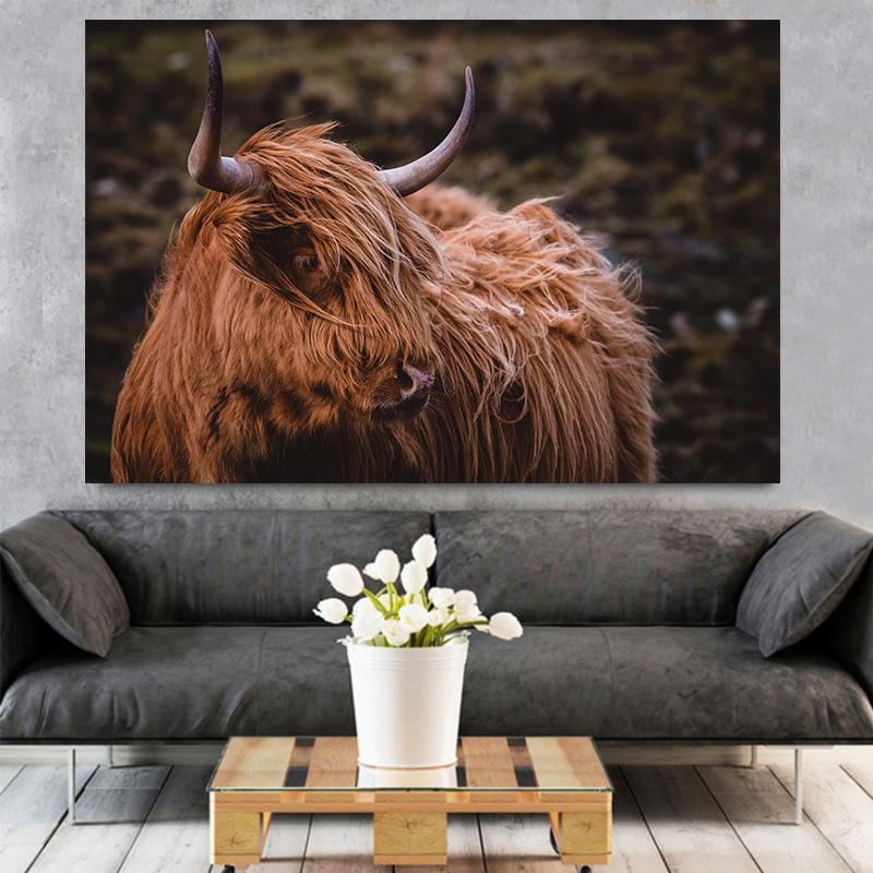 Amazing Portrait of Scottish Highland Cow Wall Pictures Canvas Painting Animal Posters Prints Living Room Home Decor