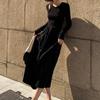Vintage Schwarz Kleid Frauen Herbst Winter Elegante Dünne Aushöhlen Gestrickte Lange Hülse O-ansatz Lange Kleider Büro Dame