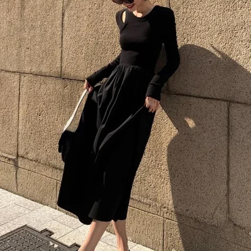 Vestido negro vintage para mujer, elegante, ajustado, con agujeros, de punto, de manga larga, con cuello redondo, para oficina, otoño e invierno
