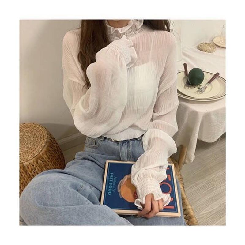 

Women s Beige Turtleneck Pleated Chiffon Blouse Long Sleeve Elegant Casual Top S білий