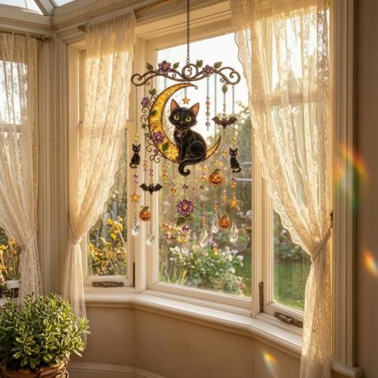 Seasonal Party Hanging Decor Halloween Wind Chime, Colorful Bird Sun Catcher, Cute Garden Ghost Windchime, Decoration for Patio Yard Faux Crystal