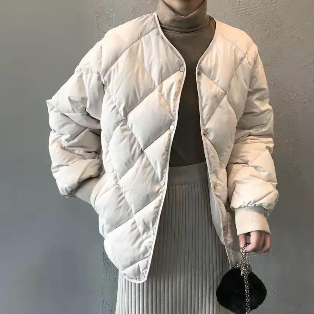Women's Rhombus-Patterned Padded Jacket – Short Winter Bread-Style Jacket, Down-Filled Cotton Padded Coat and Collarless Quilted Jacket