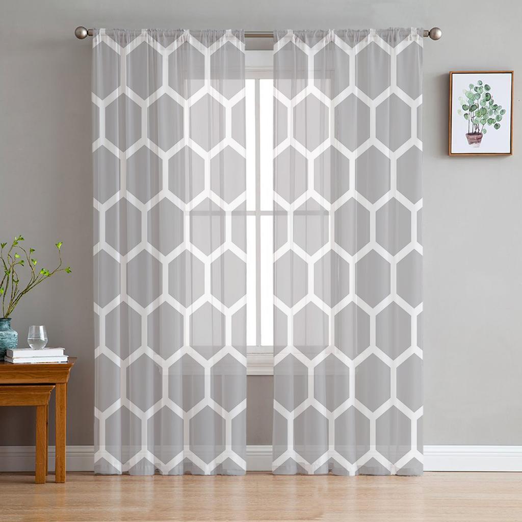 White Geometric Morocco Sheer Curtains for Living Room Modern Voile Curtain Bedroom Tulle Curtains Window Drapes Decor