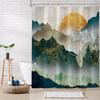 Mountain Japanese Shower Curtain Asian Anime Teal and Golden Zen Shower Curtain Sets, Yellow Sun Sunset Landscape Curtain for