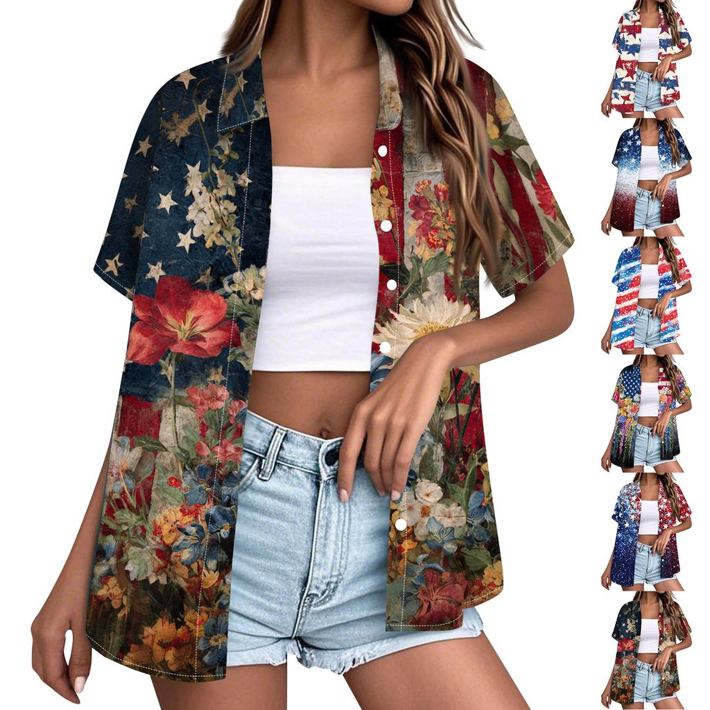 Short Sleeve Button Down Shirt for Women with Floral and Stars Print Loose Fit Lapel Collar Lightweight Top Blouse