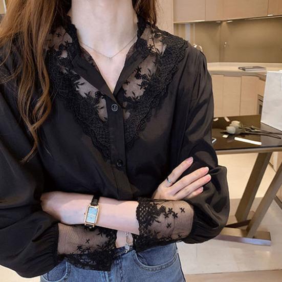 Kadın Gömlek Dantel Patchwork Standı Yaka Çiçek Nakış Tek göğüslü Uzun Kollu Düz Renk OL İşe gidip gelme Tarzı Yumuşak Bayan Bahar Sonbahar Üst Bluz