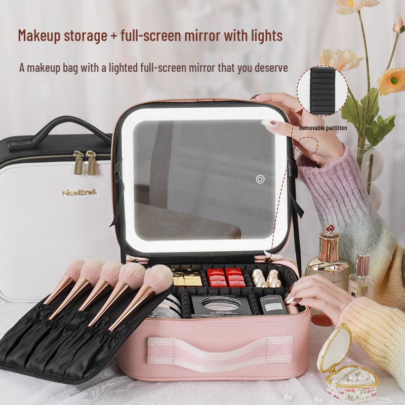 Large Capacity Makeup Bag with Lighted Mirror - Portable Travel Cosmetic Organizer