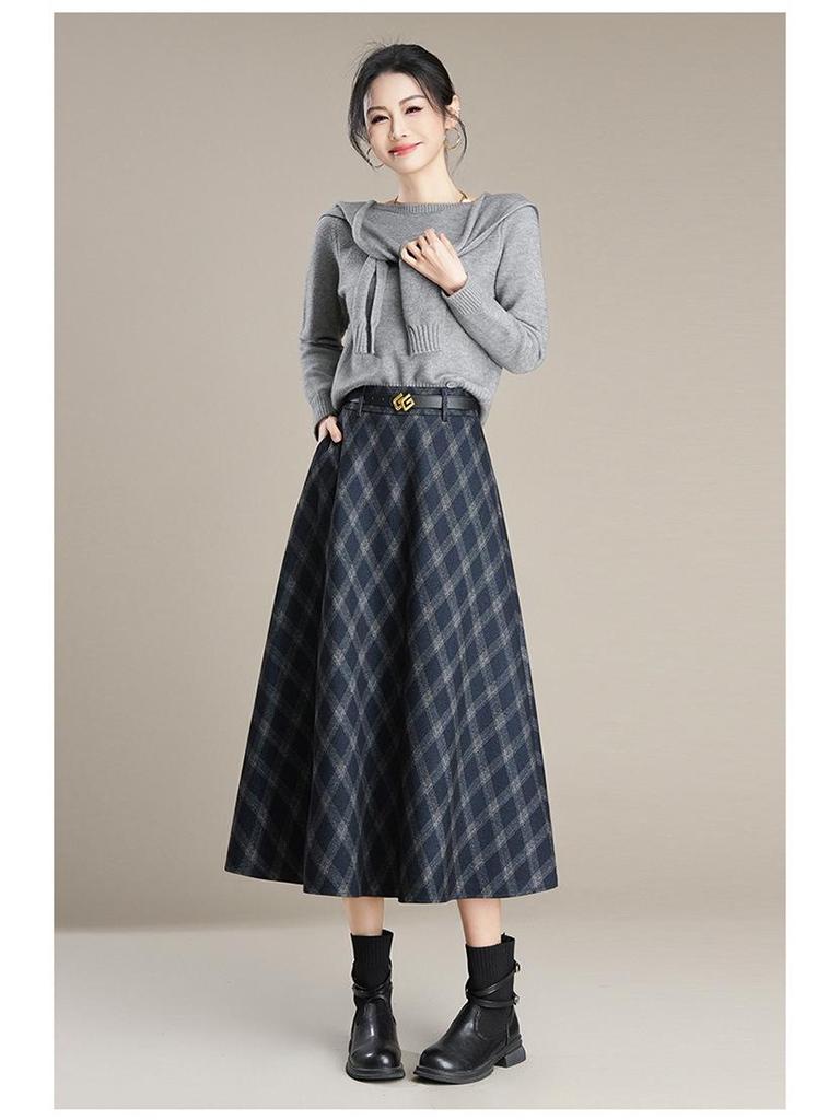 Women's High-Waist Woolen Plaid A-Line Skirt - Autumn/Winter 2025 Collection