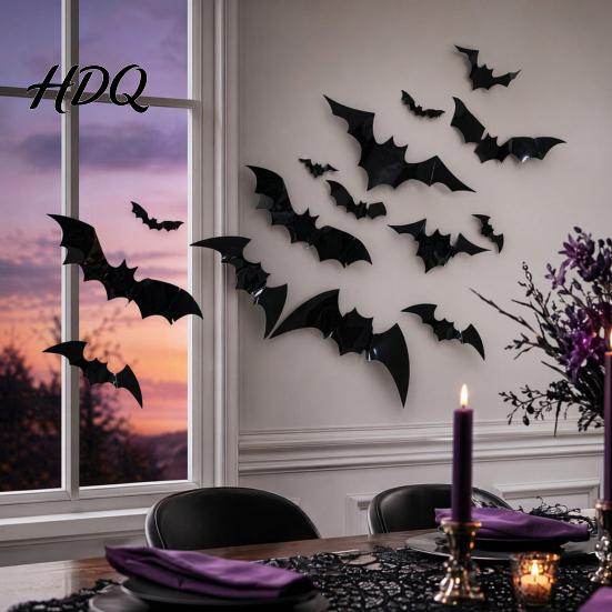 Reusable Halloween Stickers 12Pcs Bats Wall Decals 3D Bat for Home Decor Bright Color Pumpkin Decal 4 Size Waterproof Black Spooky Bedroom