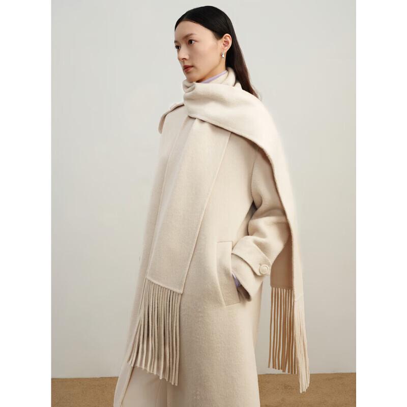 JZ ANNAKKO Women's Tasseled Scarf Style Wool Blend Double-Faced Long Coat