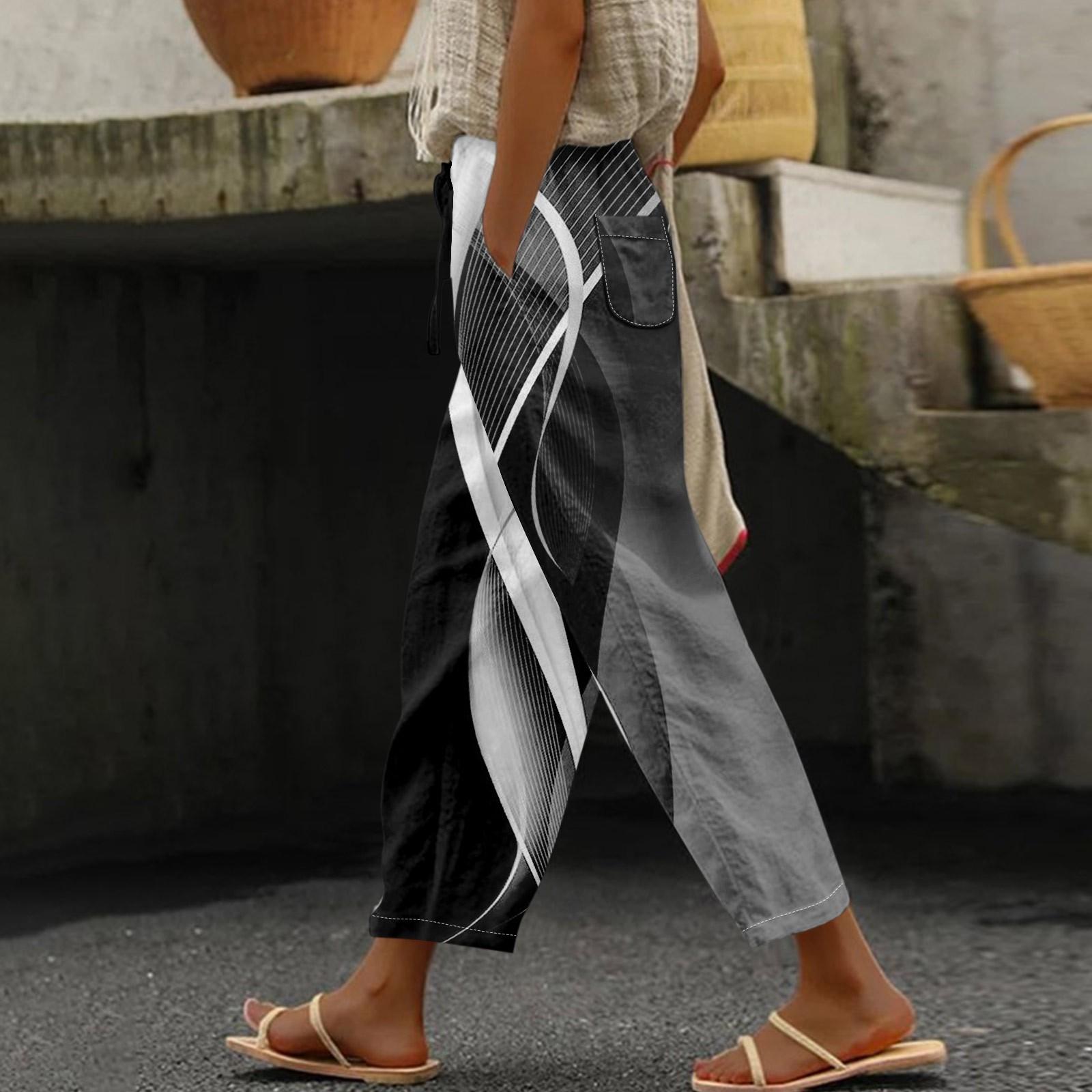 

Женские повседневные брюки с модным принтом и карманами на шнурке, брюки с эластичной резинкой на талии XXXL чёрный