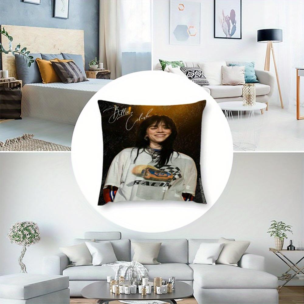 1Pc Billie Eilish Pillow Cover, Polyester 2D Double-Sided Print, Signature Photo Design, Decor For Sofa Bed & Couch, Music Fan R