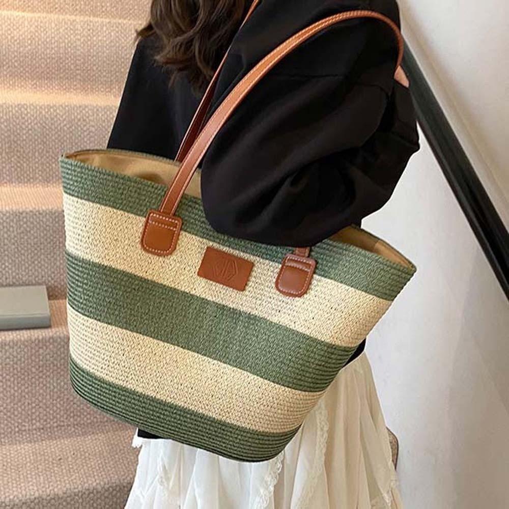 Lightweight Stripe Woven Tote Bag Polyester Summer Beach Handbag Shopping Straw Bag  School
