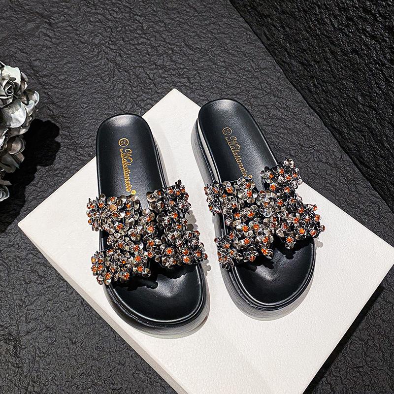 

Muffin thick-bottomed beaded cool slippers H-type summer new fashionable outer wear versatile leisure seaside beach vacation wind 44 чёрный