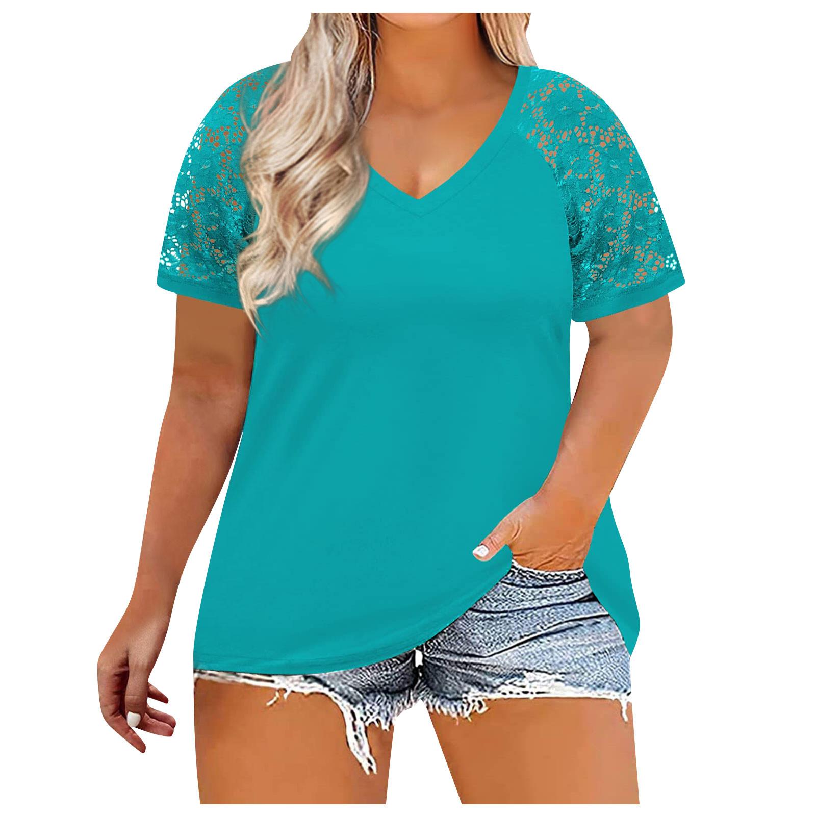 

Топы больших размеров для женщин, летние повседневные рубашки с v-образным вырезом, кружевные футболки с короткими рукавами XL циан