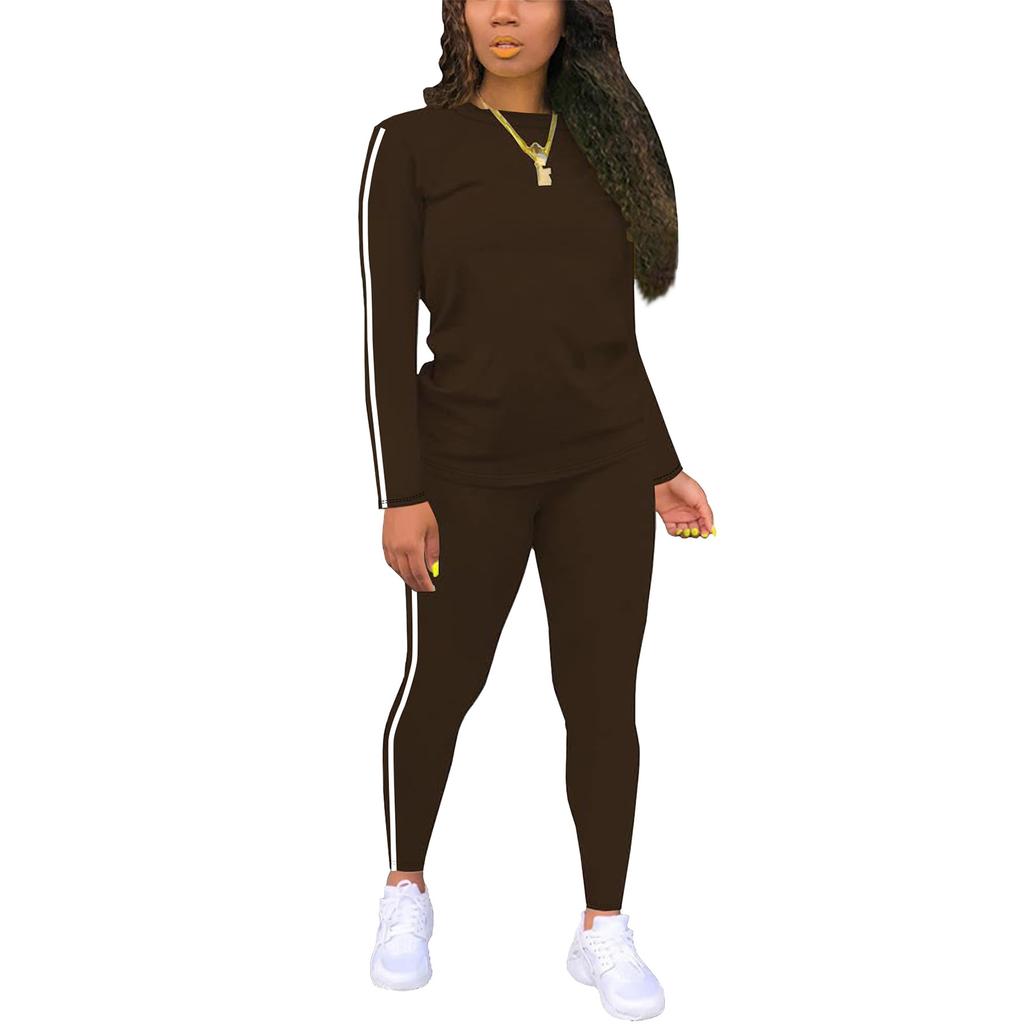 Women's Round Neck Long Sleeve Patchwork Top And Trousers Set With Side Patches Two-Piece Suit