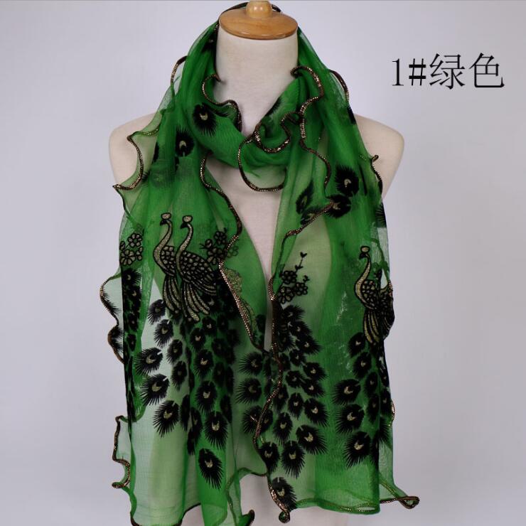 Women Chiffon Neck Scarf Flower Peacock Embroidered Lace Scarf Femmes Silk Long Soft Elegant Shawl New Spring Muffler Scarves