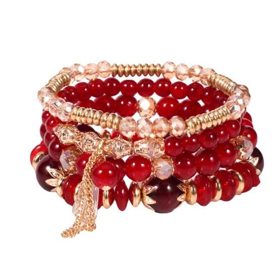 4Pcs/Set Boho Faux Agate Pearl Tassel Chain Charm Beaded Bracelet Women Jewelry