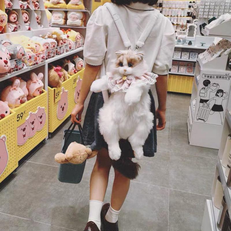 Superrealistischer Drei-Blumen-Katzen-Rucksack, rein handgefertigt, niedliche Katzen-Plüschpuppe, Einkaufstasche, Reiseaufbewahrung, Make-up-Tasche, Geburtstagsgeschenk