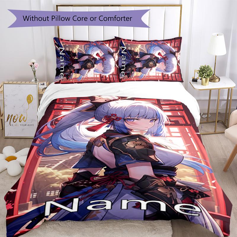 3pcs Custom Name Cartoon Genshin Impact Ayaka Kamisato Bedding Set Duvet Cover Closure Includes 1 Duvet Cover & 2 Pillowcases for All Seasons Bedroom