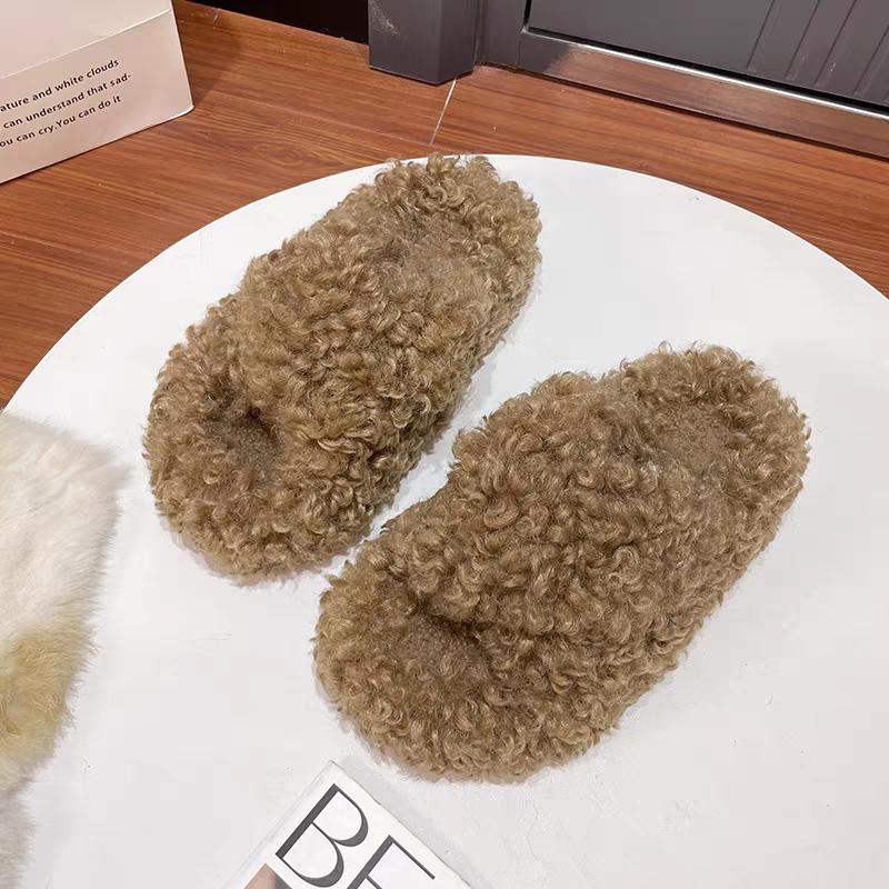 Fashion Women Fur Slippers Casual New Suede Flats Shoes 2025 Fashion Winter Short Plush Cozy Flip Flops Open Toe Slides Woman Zapatos