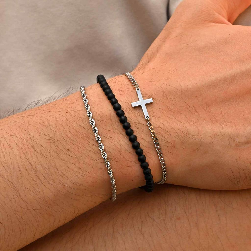 3pcs Stylsh Cross Men's Bracelet,Punk Stainless Steel Stacked Chain Link Wristband,Birthday Father's Day Gift for Him