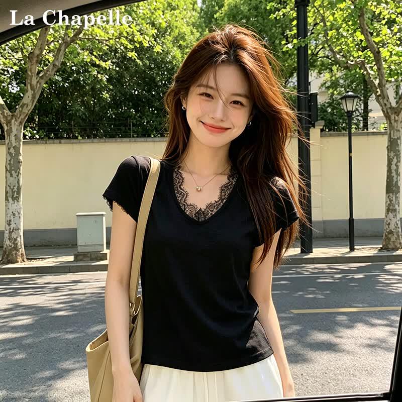 La Chapelle Women s V-Neck Short Sleeve Lace T-Shirt M