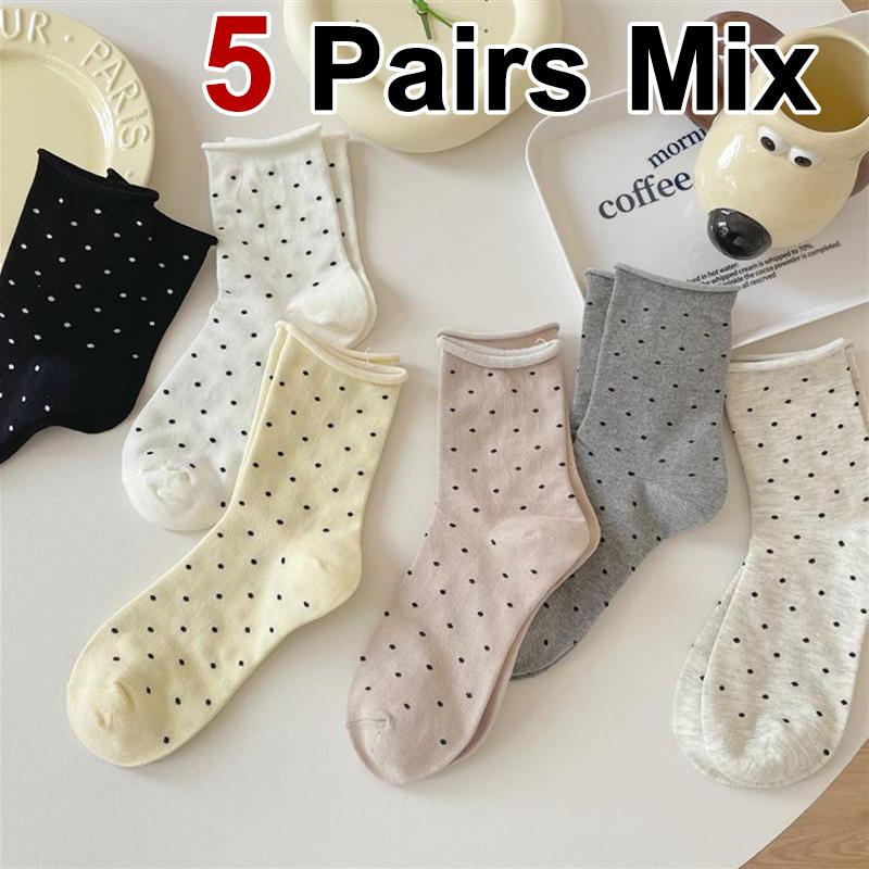 

5/10 пар женских носков средней длины с закатанным краем в горошек, весенне-летние, впитывающие пот, дышащие, милые, простые, повседневные носки One Size