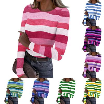Women's Casual Fashion Round Neck Striped Print Long Sleeve Ribbed Top