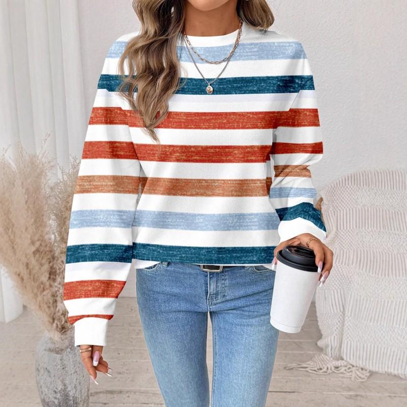 Womens Casual Striped Print Hoodie-Free Sweatshirt Loose Fit Round Neck Long Sleeve Top 2025