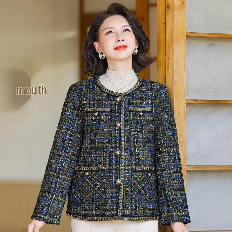 

Korean Style Elegant Round Neck Color Block Coat for Women’s Autumn/Winter - Small Fragrance Style for Middle-Aged and Elderly Ladies. XL (90-110 jin)