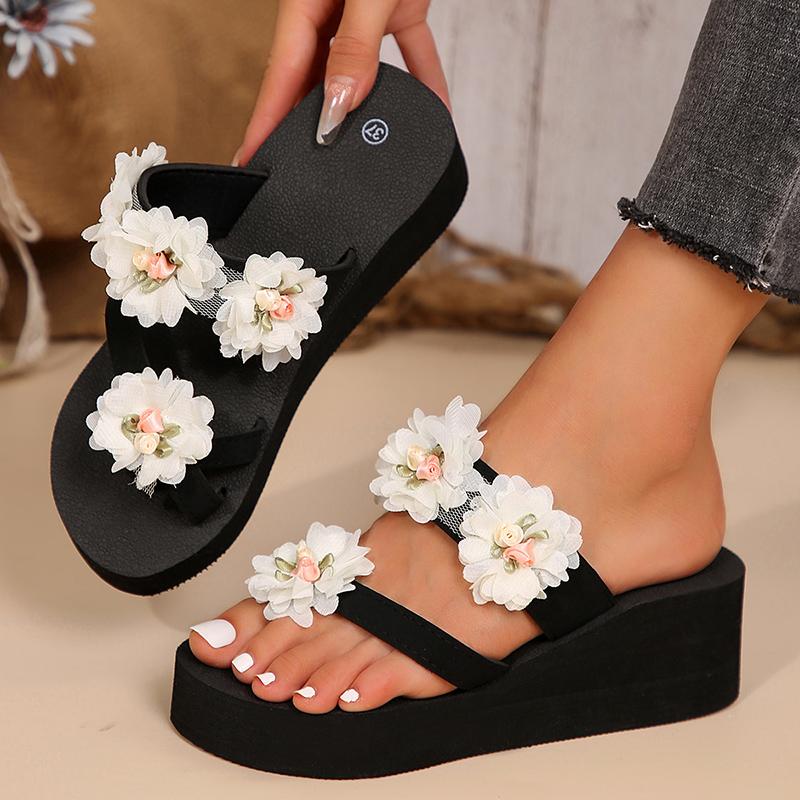 Fashion Flower Decor Women's Wedge Flip Flops Lightweight Chunky Platform Slippers Woman Summer Thick Sole Beach Slides Sandals