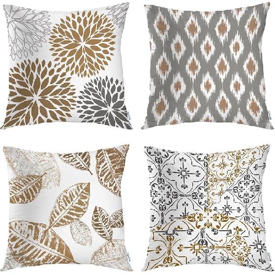 Batmerry Leaf Geometric Coffee Throw Pillow Covers, New Living Series Decorative Pillow Covers Digital Printing Blended Fabric for Couch Sofa Bed 18  x 18  (Pack of 4)