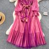 Fashion Bohe Women Mesh Party Long Dress V Neck Long Sleeves Gradient Lace Up A Line Sundress Pleated Maxi Dress