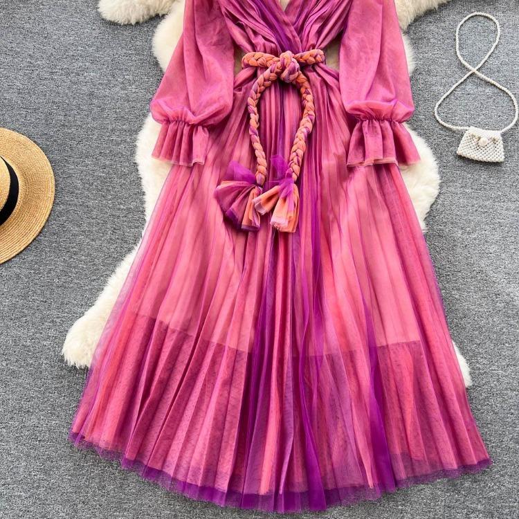 Fashion Bohe Women Mesh Party Long Dress V Neck Long Sleeves Gradient Lace Up A Line Sundress Pleated Maxi Dress