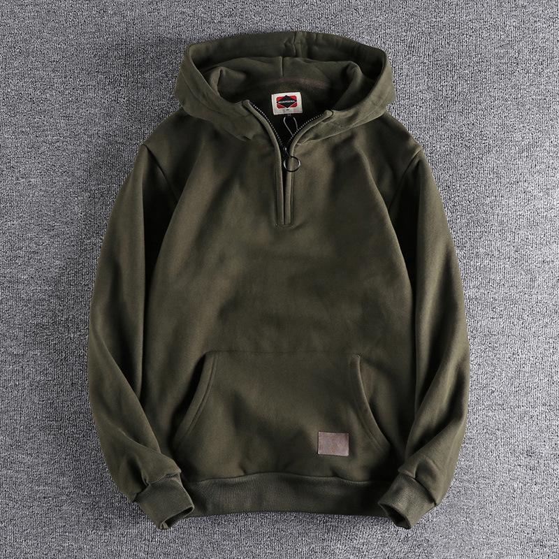 500g Heavyweight Half-Zip Men's Hooded Sweatshirt - Vintage Japanese-Style Trendy Youth Top